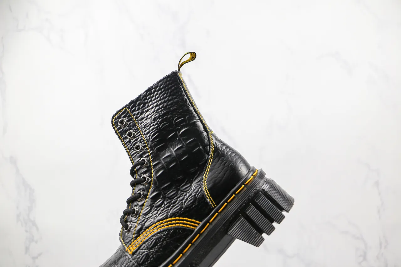 Dr. Martens Jadon Noir Jaune Cuir embossé crocodile Couture contrastante Bottes Martin 7