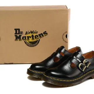 Dr. Martens Mary Jane Zapatos Mary Jane de Cuero Pulido Negro Marrón con Correa de Doble Hebilla