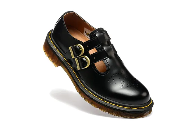 Dr. Martens Mary Jane Sapatos Mary Jane Preto Marrom Couro Polido Cinto com Dupla Presilha 5