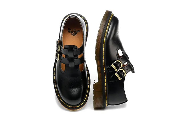 Dr. Martens Mary Jane Sapatos Mary Jane Preto Marrom Couro Polido Cinto com Dupla Presilha 7