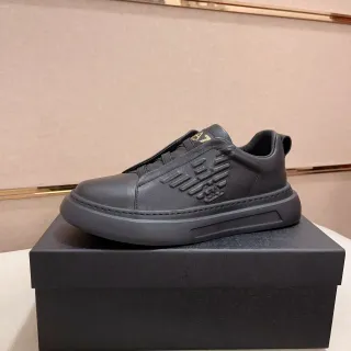 Emporio Armani Black Gold Laceless Slip-On Embossed Eagle Motif Lifestyle Sneakers