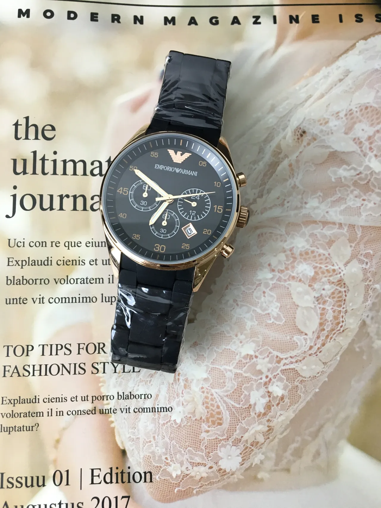Emporio Armani Chronograph Black Dial Gold-Tone Case Quartz Watch 3