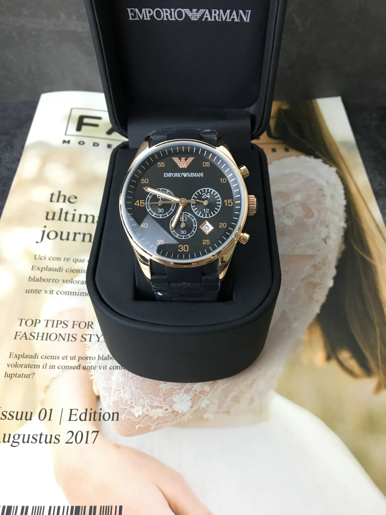 Emporio Armani Chronograph Black Dial Gold-Tone Case Quartz Watch 4