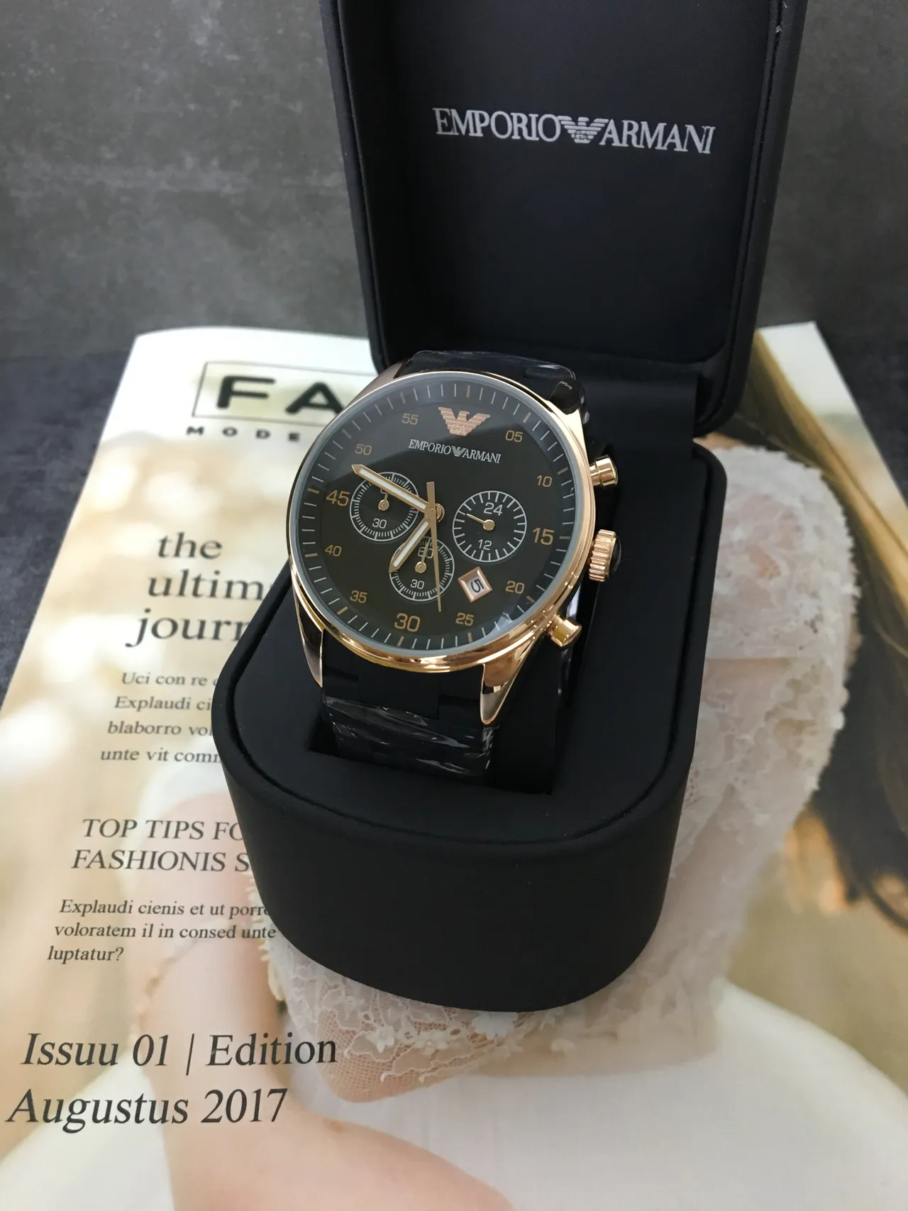 Emporio Armani Chronograph Black Dial Gold-Tone Case Quartz Watch 5