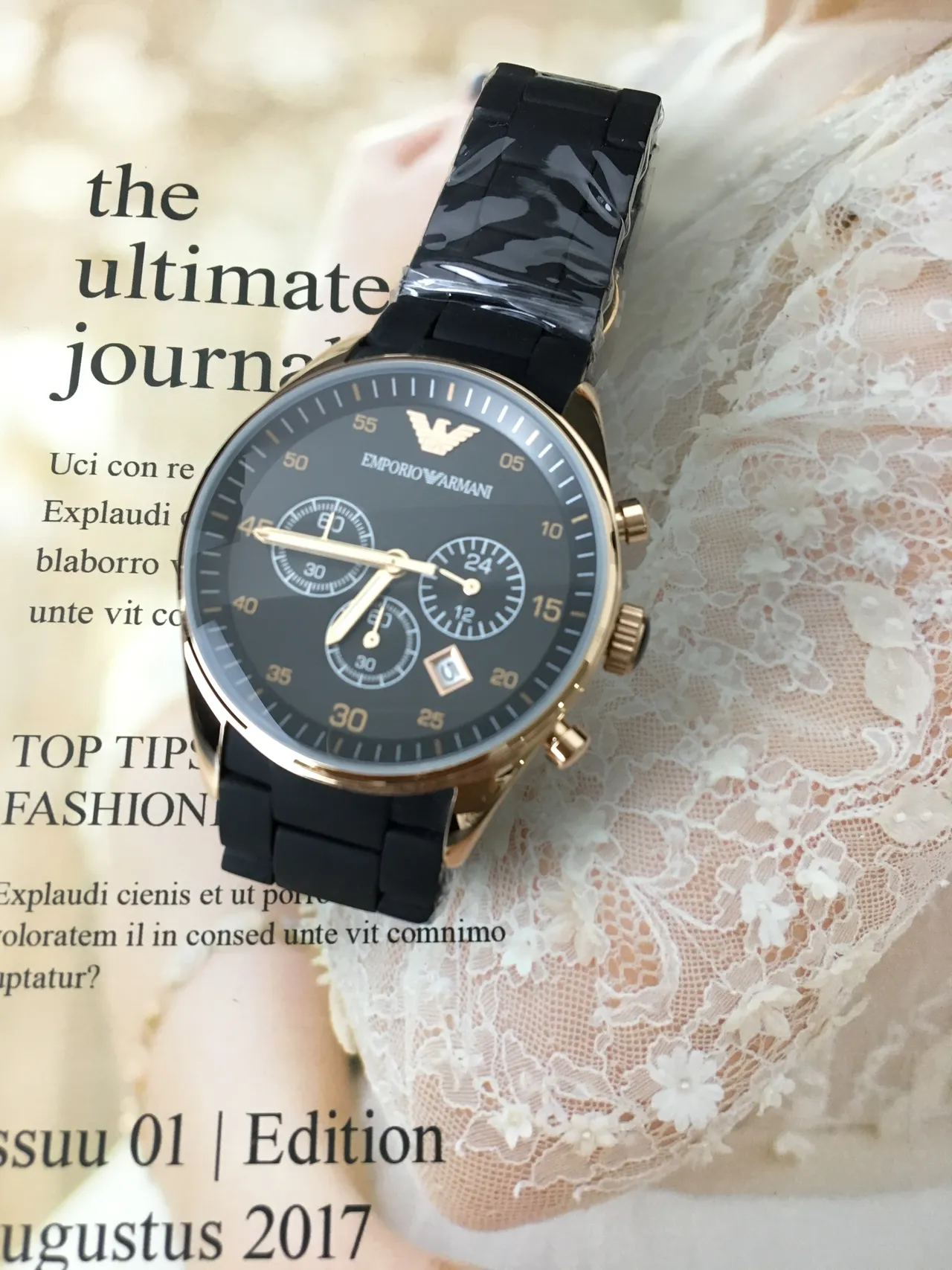 Emporio Armani Chronograph Black Dial Gold-Tone Case Quartz Watch 6