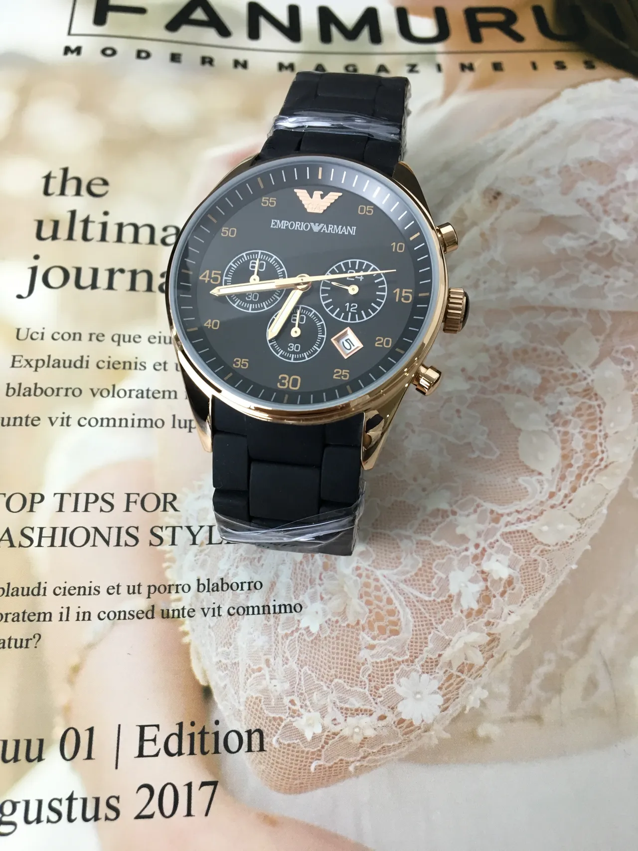Emporio Armani Chronograph Black Dial Gold-Tone Case Quartz Watch 7