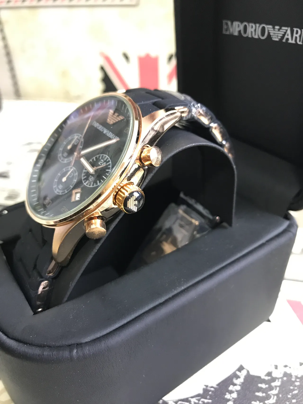 Emporio Armani Chronograph Black Dial Gold-Tone Case Quartz Watch 8