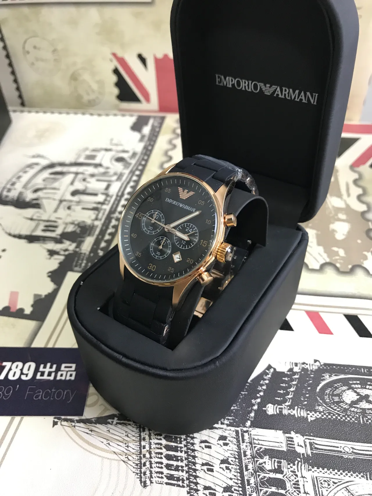 Emporio Armani Chronograph Black Dial Gold-Tone Case Quartz Watch 9