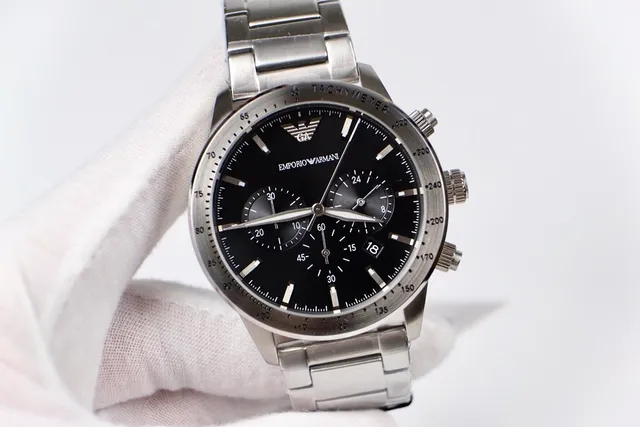 Emporio Armani Cronógrafo Mostrador Preto Aço Inoxidável Relógio Mecânico 5