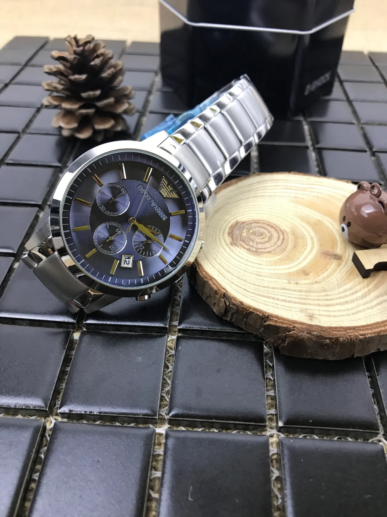 Emporio Armani Chronographe Noir Argent Acier Inoxydable Montre Mécanique 3