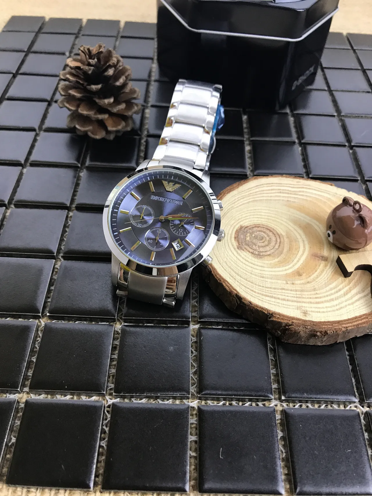 Emporio Armani Chronographe Noir Argent Acier Inoxydable Montre Mécanique 4