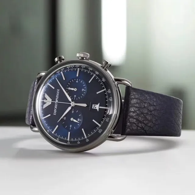 Emporio Armani Chronographe Cadran Bleu Bracelet Cuir Noir Montre Mécanique 3