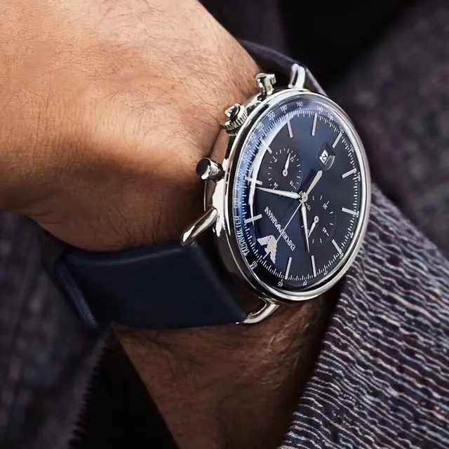Emporio Armani Chronographe Cadran Bleu Bracelet Cuir Noir Montre Mécanique 4