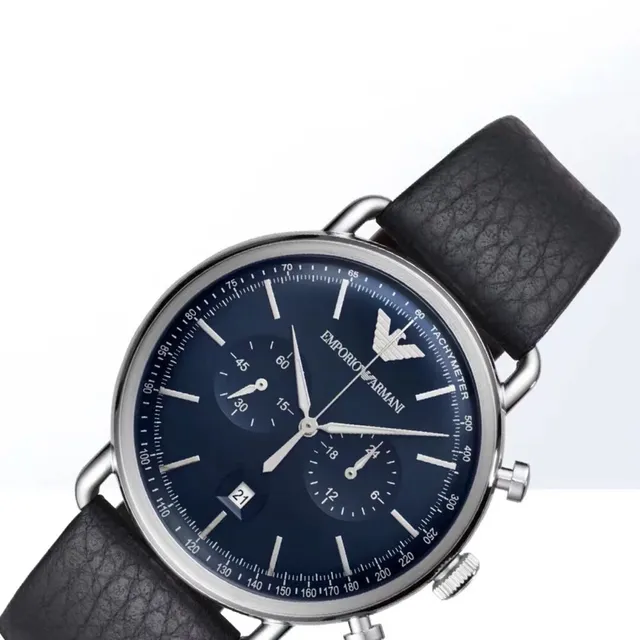 Emporio Armani Chronographe Cadran Bleu Bracelet Cuir Noir Montre Mécanique 5