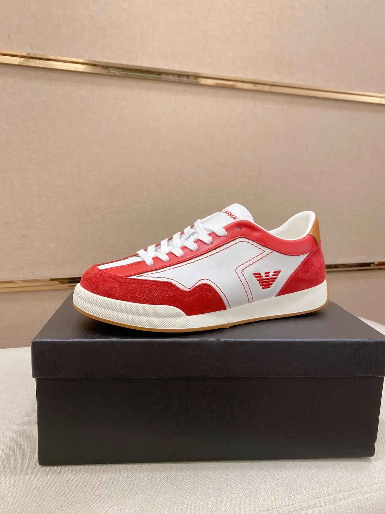 Emporio Armani Red and White Color-Blocked Suede Leather Sneaker 1