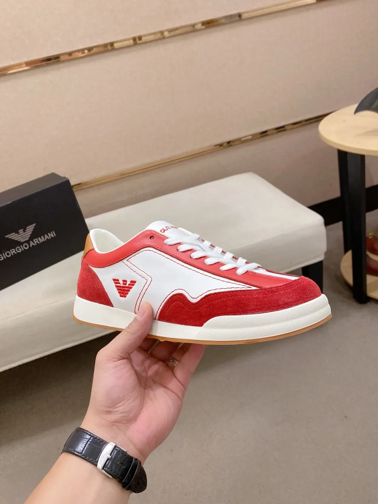 Emporio Armani Red and White Color-Blocked Suede Leather Sneaker 4