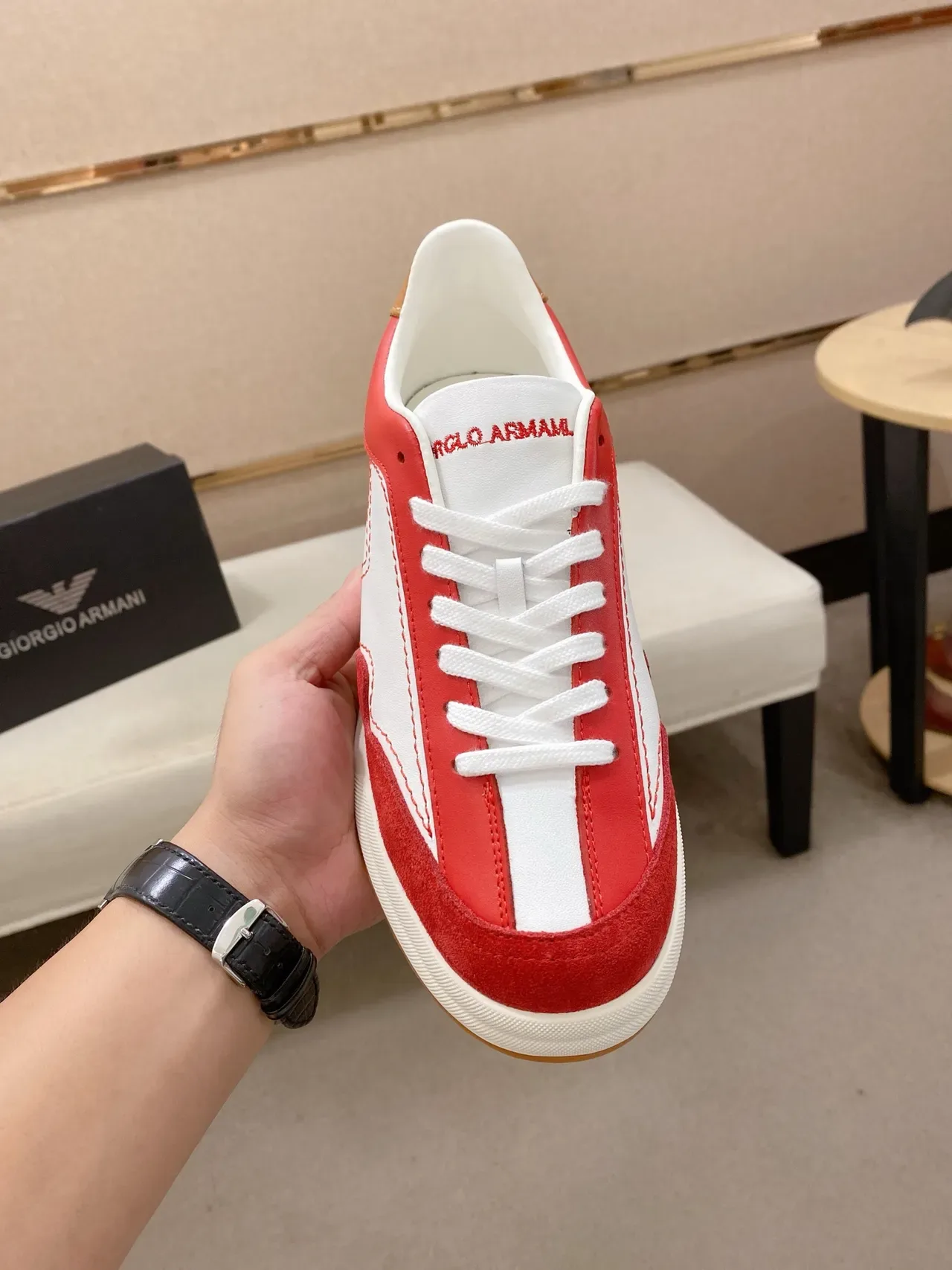 Emporio Armani Red and White Color-Blocked Suede Leather Sneaker 5