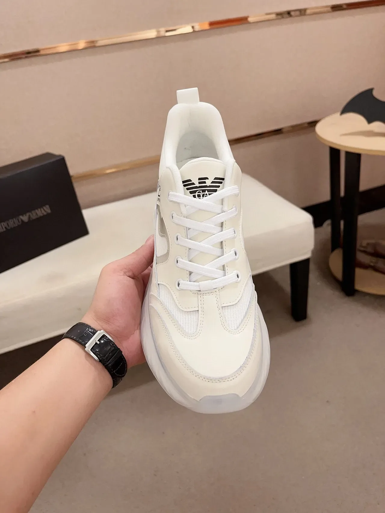 Emporio Armani White Leather-Mesh Chunky Sneaker 2
