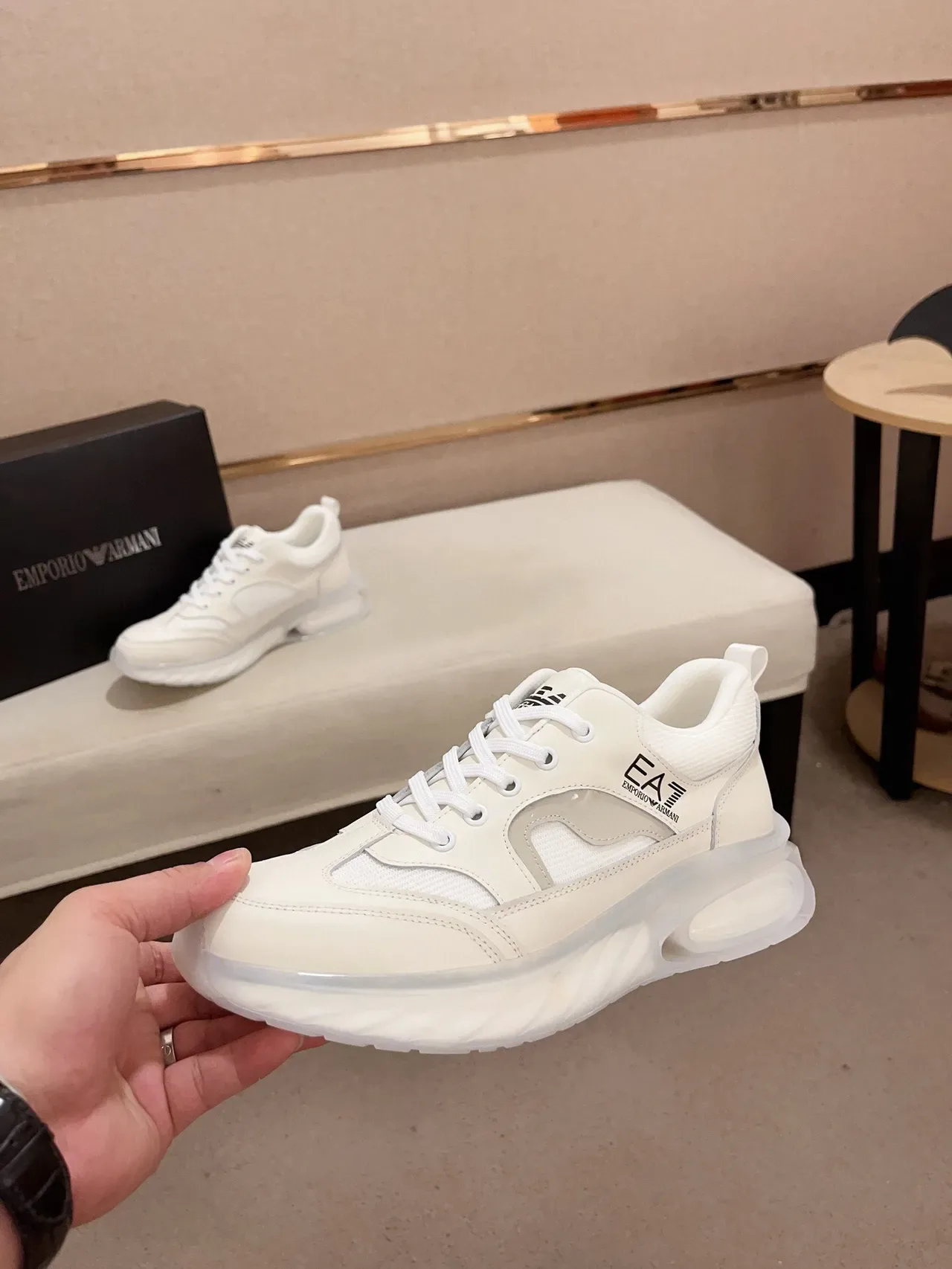 Emporio Armani White Leather-Mesh Chunky Sneaker 3