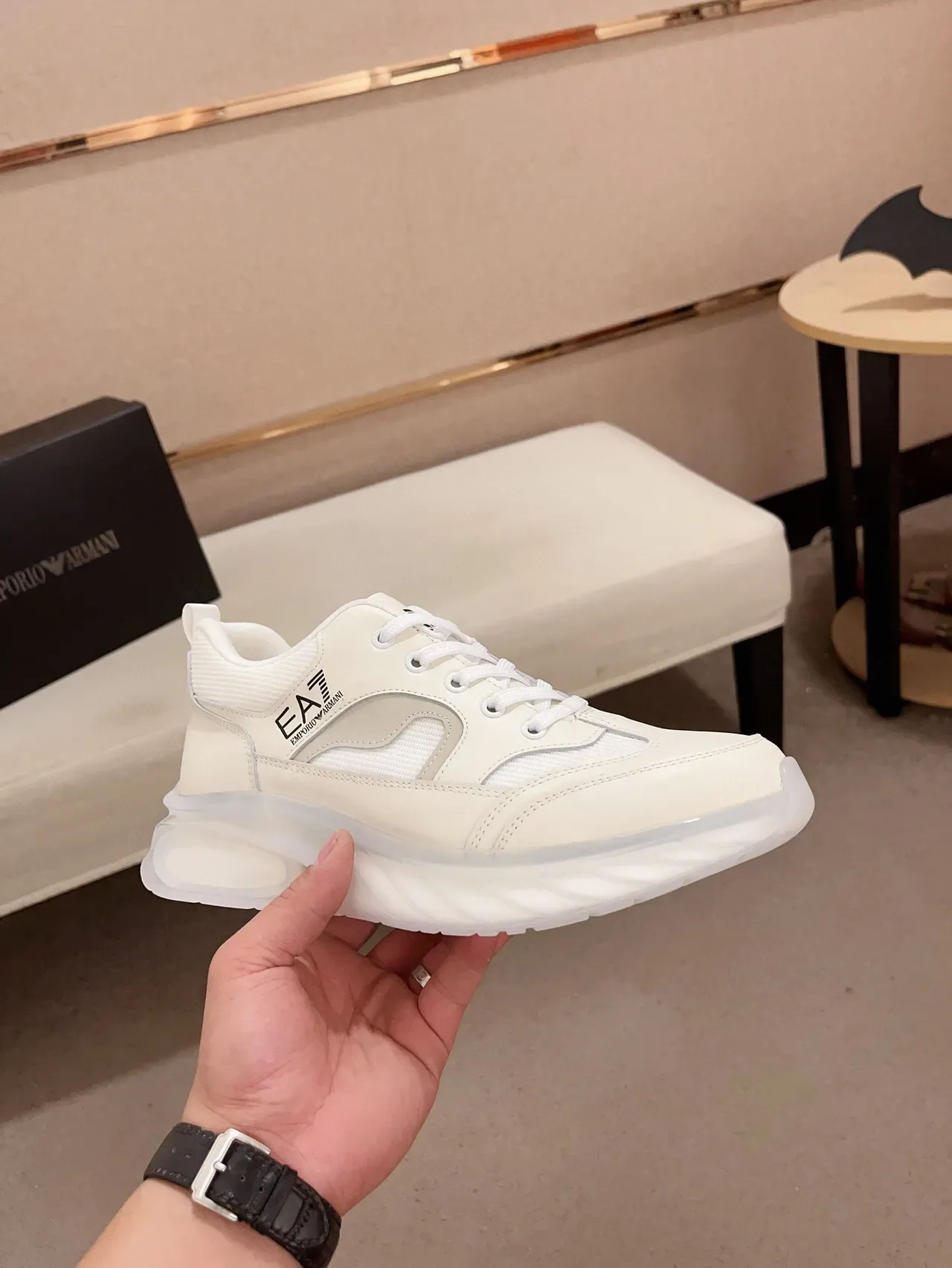 Emporio Armani White Leather-Mesh Chunky Sneaker 4