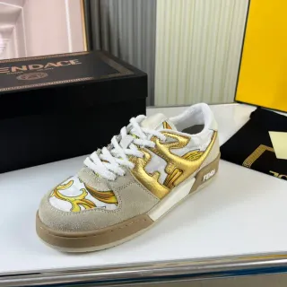 Fendi Beige Gold Baroque-Print Overlay Metallic Accents Lifestyle Sneakers