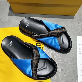 Fendi Black Blue Cross-Strap Satin-Accented Slippers
