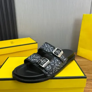 Fendi Buckled Slide Black and Gray FF Jacquard Slippers