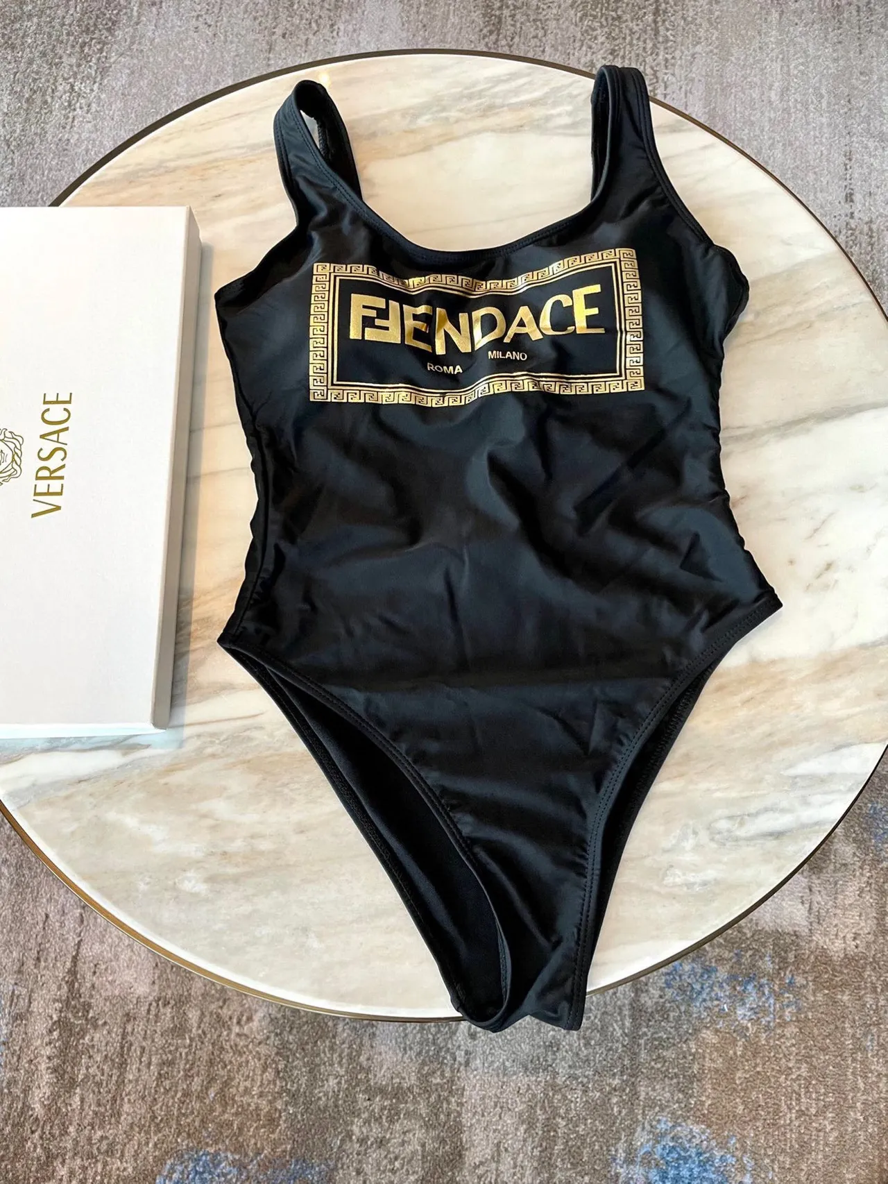 Fendi FENDACE Black Gold High-Cut Square-Neck Swimwear 5