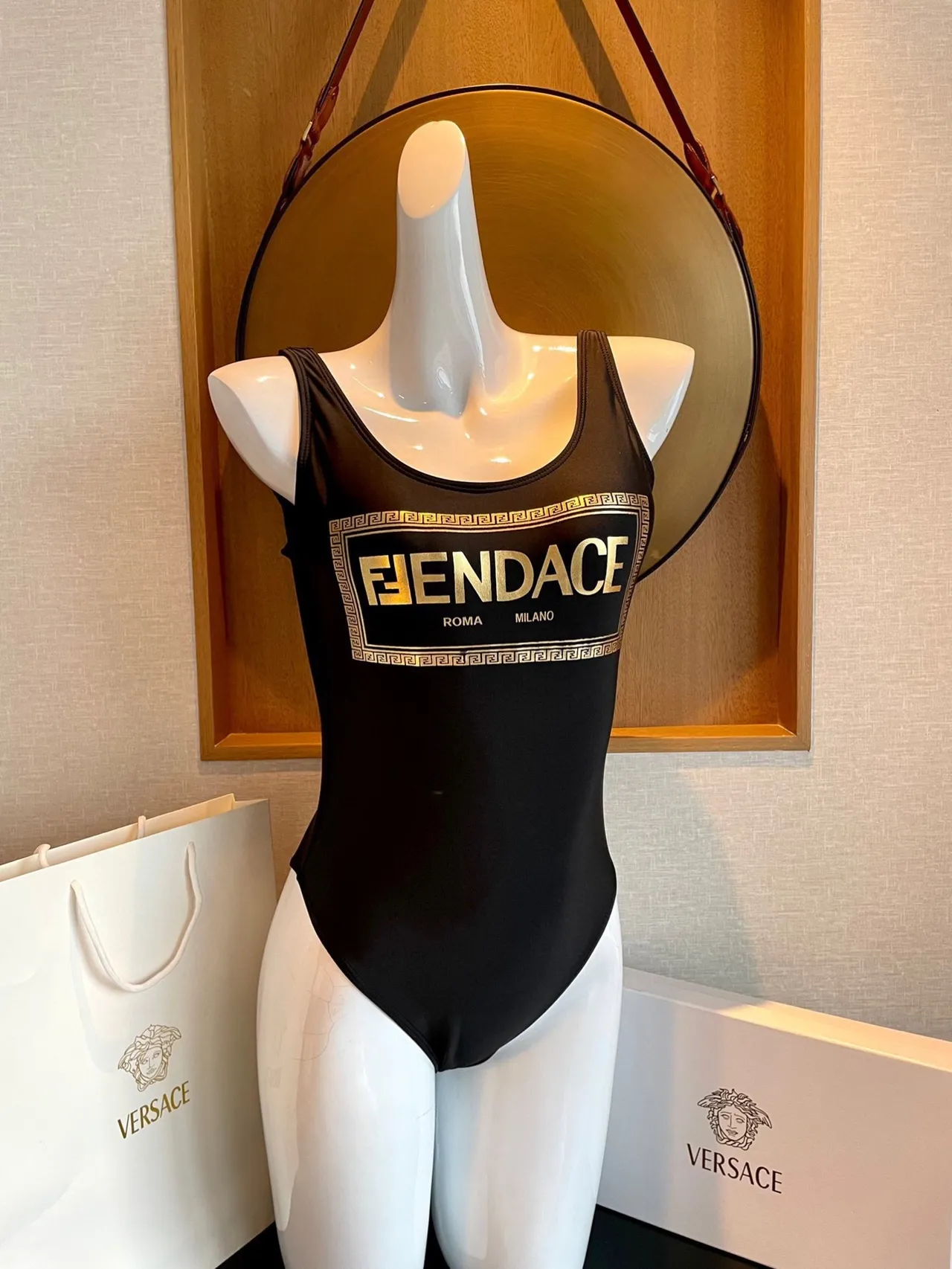 Fendi FENDACE Black Gold High-Cut Square-Neck Swimwear 9