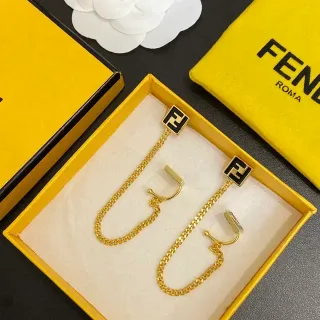Fendi FF Chain Gold-Tone Black Enamel Earrings
