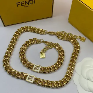 Fendi FF Chain Gold White Curb-Link Logo Charm Necklace