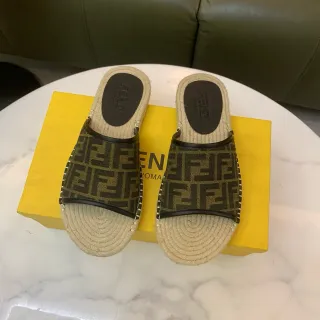 Fendi FF Espadrille Brown Beige Monogram Fabric Jute-Wrapped Sole Slippers