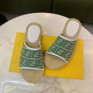 Fendi FF Espadrille Slides Green Beige Monogram Canvas Jute-Wrapped Sole Slippers