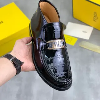 Fendi FF Loafer Black Patent Croc-Embossed Metal Buckle Loafer
