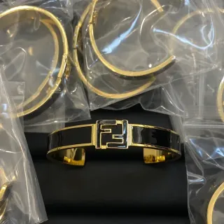 Fendi FF Logo Black Enamel and Gold-Tone Cuff Bracelet
