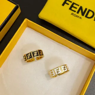 Fendi FF Logo Ring Gold Black Metal Enamel Ring