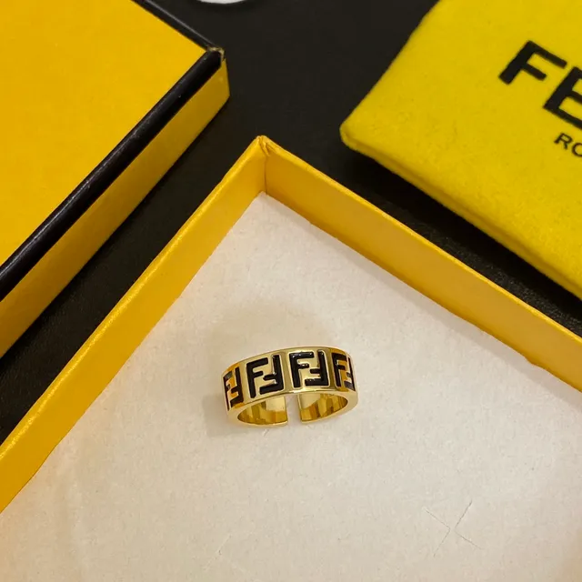 Fendi FF logo anel ouro preto metal esmaltado anel 7