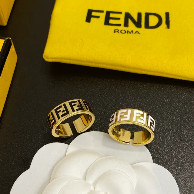 Fendi FF logo anel ouro preto metal esmaltado anel 8