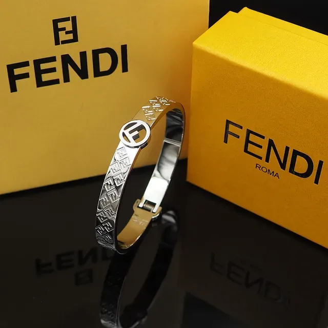 Fendi FF Monogram Bangle Gold Silver Engraved Circular Logo Clasp Bracelet 2