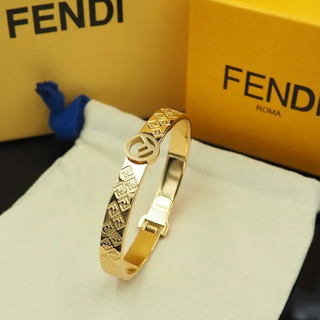 Fendi FF Monogram Bangle Gold Silver Engraved Circular Logo Clasp Bracelet 3