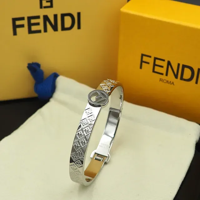 Fendi FF Monogram Bangle Gold Silver Engraved Circular Logo Clasp Bracelet 4