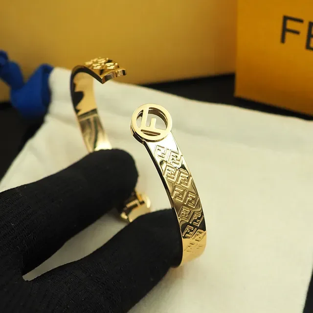 Fendi FF Monogram Bangle Gold Silver Engraved Circular Logo Clasp Bracelet 5
