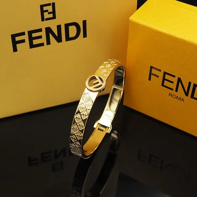 Fendi FF Monogram Bangle Gold Silver Engraved Circular Logo Clasp Bracelet 6