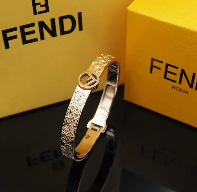 Fendi FF Monogram Bangle Gold Silver Engraved Circular Logo Clasp Bracelet 8