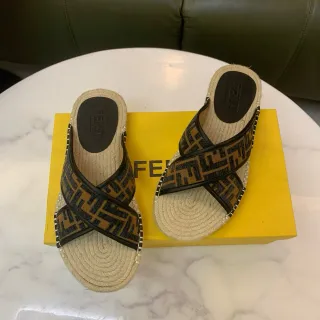 Fendi FF Monogram Espadrille Beige Black Crossed Straps Jute-Wrapped Sole Slippers