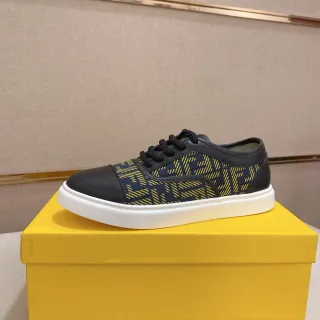 Fendi FF Monogram Navy and Yellow Leather Cap-Toe Lifestyle Sneaker