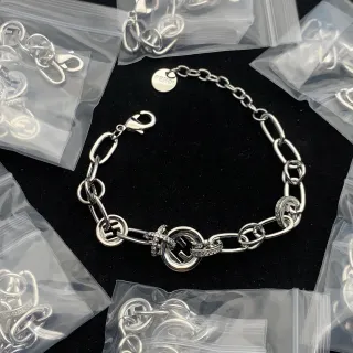 Fendi FF Silver Chunky Oval-Link Chain Interlocking Logo Charms Bracelet