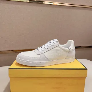 Fendi First White Beige Monogrammed Textile And Suede Low-Top Lace-Up Lifestyle Sneakers