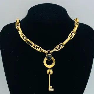 Fendi Key Pendant Gold Black FF-Link Chain Onyx Cabochon Necklace