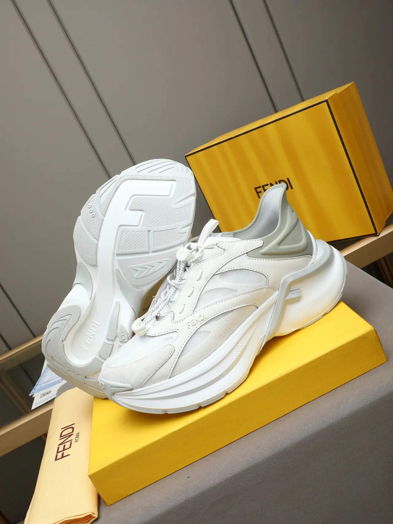 Fendi Runner White Gray Platform Sole Multi-Material Layered Upper Chunky Sneakers 4